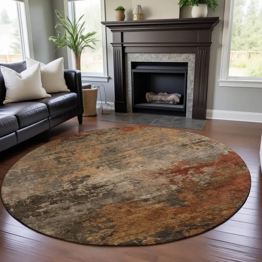 8' Khaki Red And Charcoal Abstract Washable Round Rug With UV Protection Photo 4