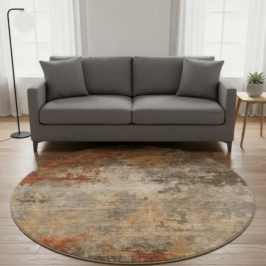 8' Khaki Red And Charcoal Abstract Washable Round Rug With UV Protection Photo 2