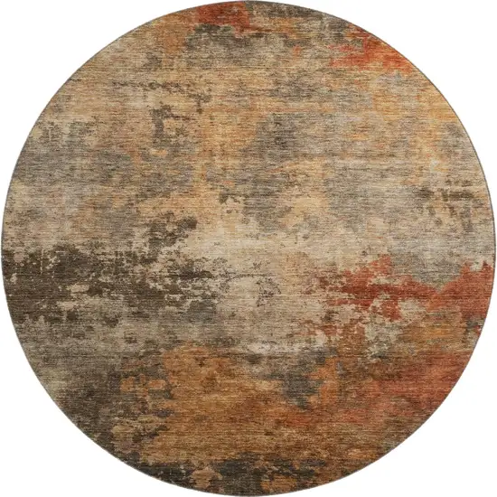 8' Khaki Red And Charcoal Abstract Washable Round Rug With UV Protection Photo 1