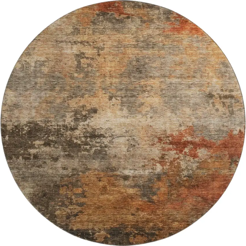 8' Khaki Red And Charcoal Abstract Washable Round Rug With UV Protection Photo 1