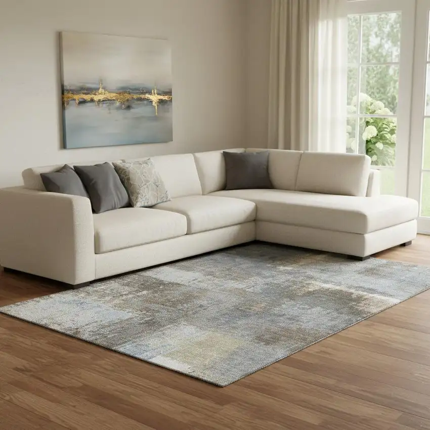 8' Khaki Silver And Blue Abstract Washable Area Rug With UV Protection Photo 2