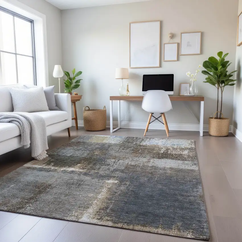 8' Khaki Silver And Blue Abstract Washable Area Rug With UV Protection Photo 4