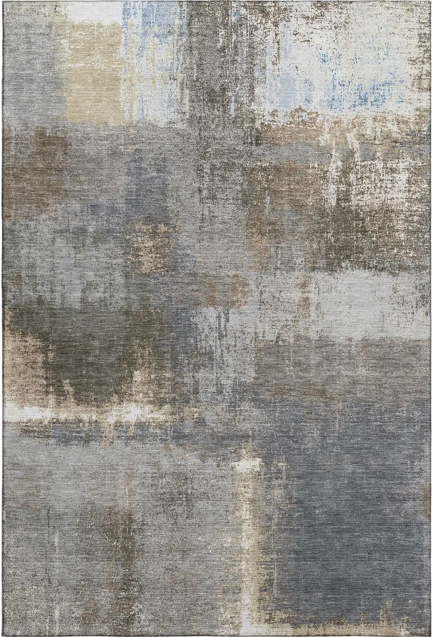 8' Khaki Silver And Blue Abstract Washable Area Rug With UV Protection Photo 1