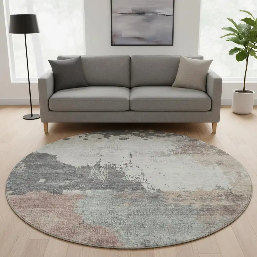 8' Khaki Taupe And Copper Abstract Washable Round Rug With UV Protection Photo 2