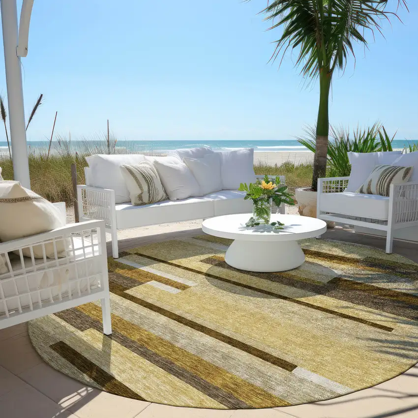 8' Khaki Taupe And Gold Round Striped Washable Indoor Outdoor Area Rug Photo 6