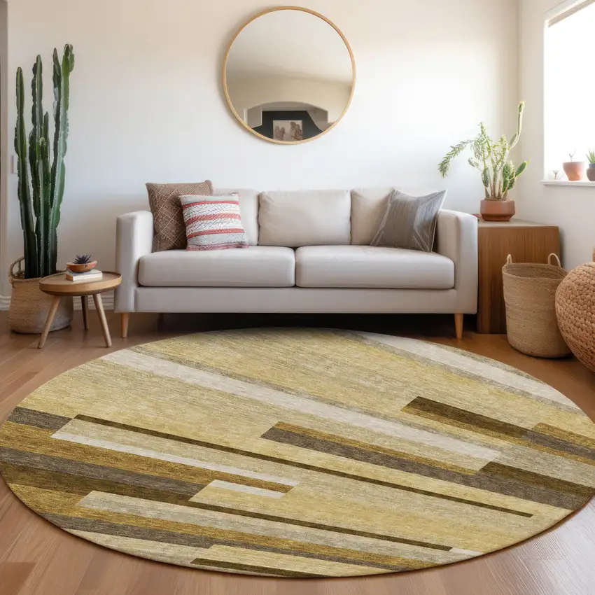 8' Khaki Taupe And Gold Round Striped Washable Indoor Outdoor Area Rug Photo 7