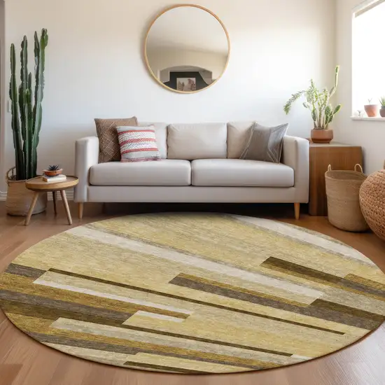8' Khaki Taupe And Gold Round Striped Washable Indoor Outdoor Area Rug Photo 7