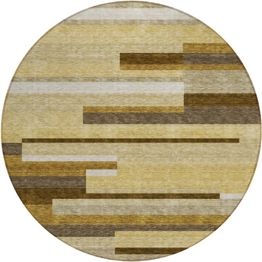 8' Khaki Taupe And Gold Round Striped Washable Indoor Outdoor Area Rug Photo 1