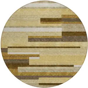 Photo of 8' Khaki Taupe And Gold Round Striped Washable Indoor Outdoor Area Rug