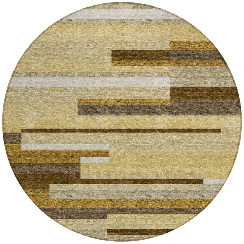 8' Khaki Taupe And Gold Round Striped Washable Indoor Outdoor Area Rug Photo 5