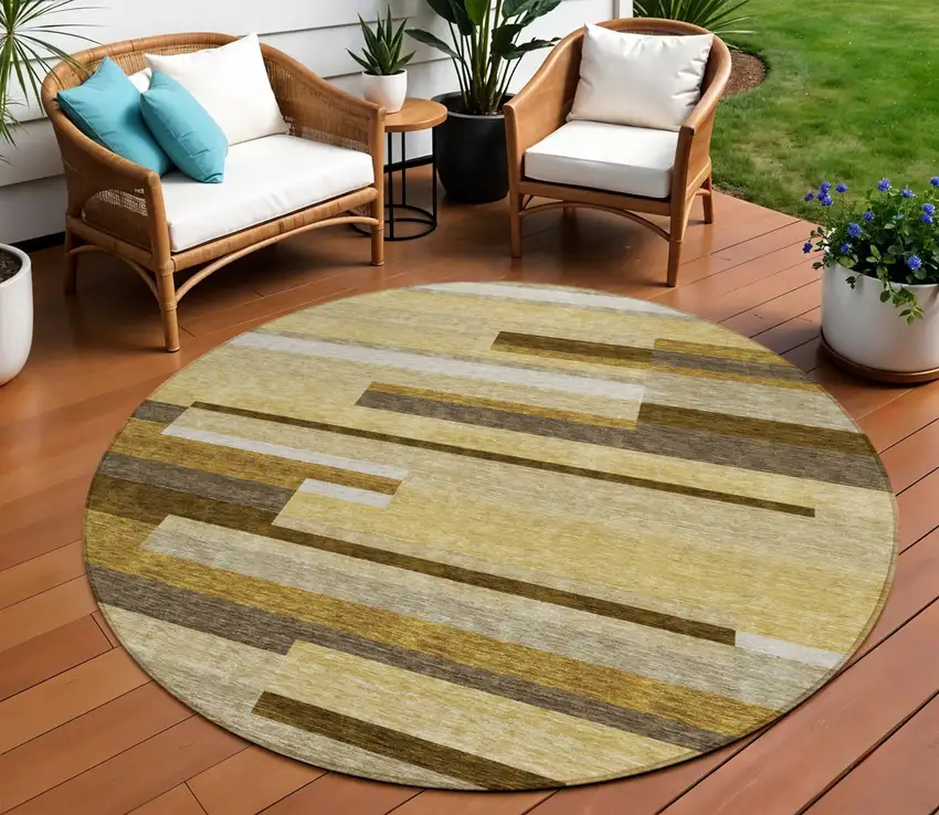 8' Khaki Taupe And Gold Round Striped Washable Indoor Outdoor Area Rug Photo 1