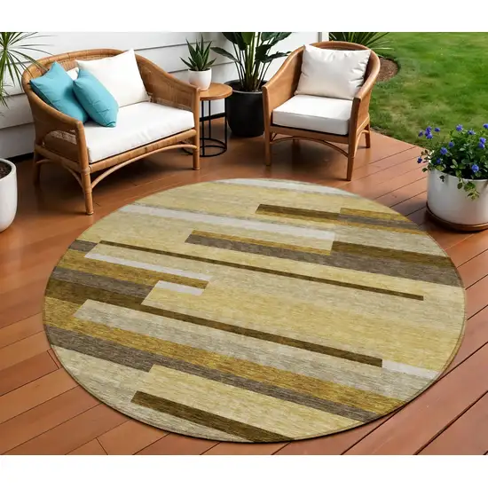 8' Khaki Taupe And Gold Round Striped Washable Indoor Outdoor Area Rug Photo 1