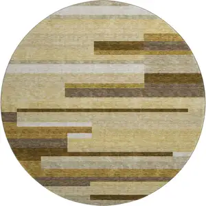 Photo of 8' Khaki Taupe And Gold Striped Washable Round Rug With UV Protection