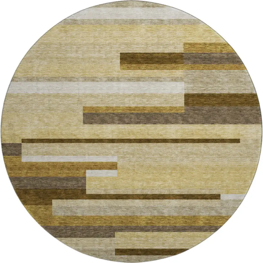 8' Khaki Taupe And Gold Striped Washable Round Rug With UV Protection Photo 1