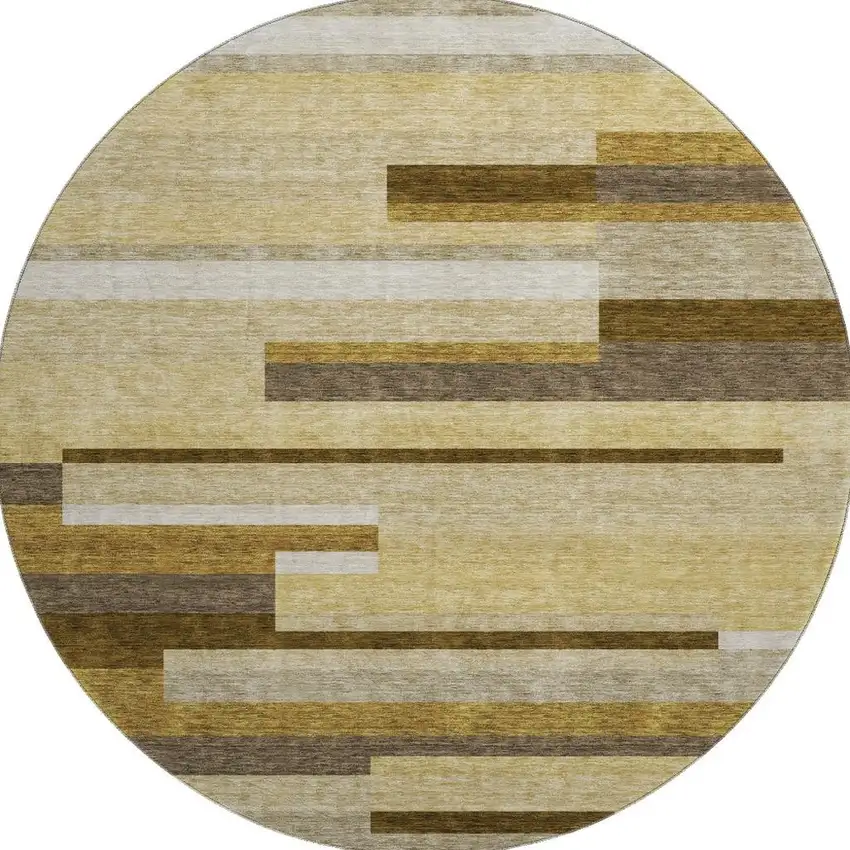 8' Khaki Taupe And Gold Striped Washable Round Rug With UV Protection Photo 4