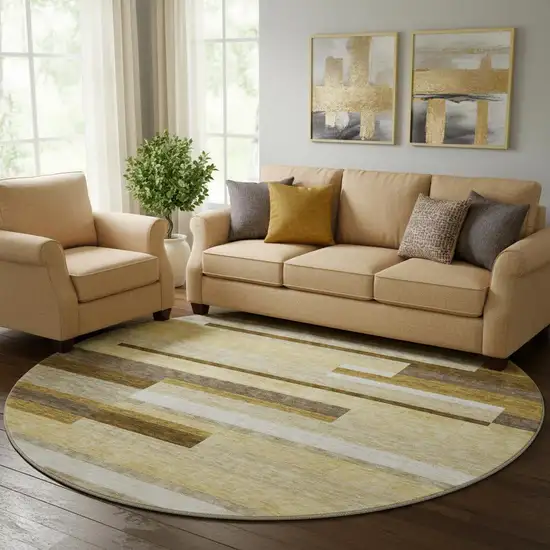 8' Khaki Taupe And Gold Striped Washable Round Rug With UV Protection Photo 1