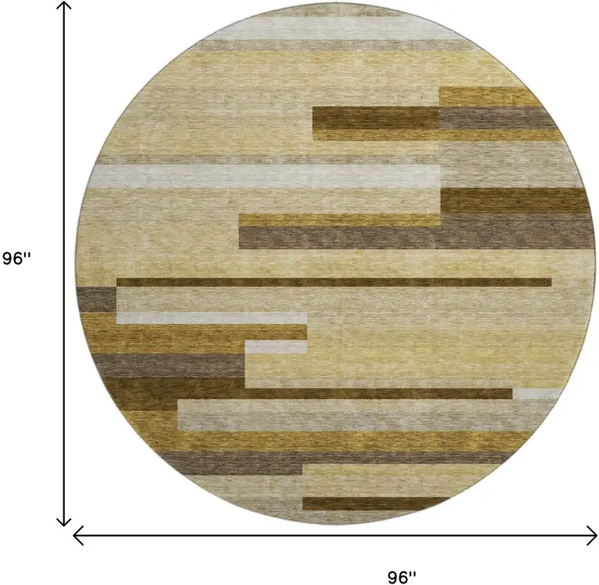 8' Khaki Taupe And Gold Striped Washable Round Rug With UV Protection Photo 3
