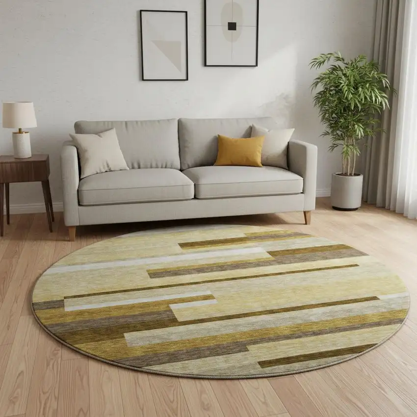 8' Khaki Taupe And Gold Striped Washable Round Rug With UV Protection Photo 2