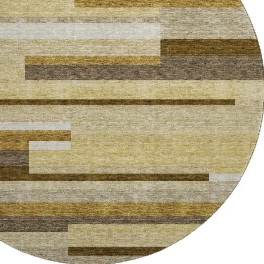 8' Khaki Taupe And Gold Striped Washable Round Rug With UV Protection Photo 3