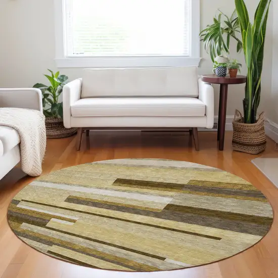 8' Khaki Taupe And Gold Striped Washable Round Rug With UV Protection Photo 5