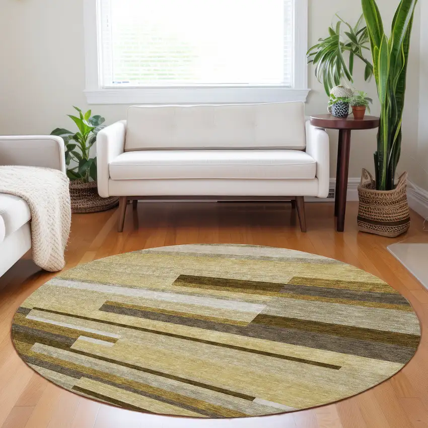 8' Khaki Taupe And Gold Striped Washable Round Rug With UV Protection Photo 5