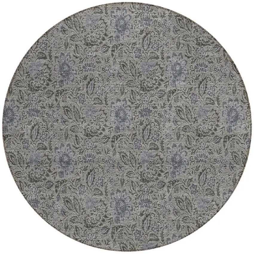 8' Khaki Taupe And Gray Round Floral Washable Indoor Outdoor Area Rug Photo 6