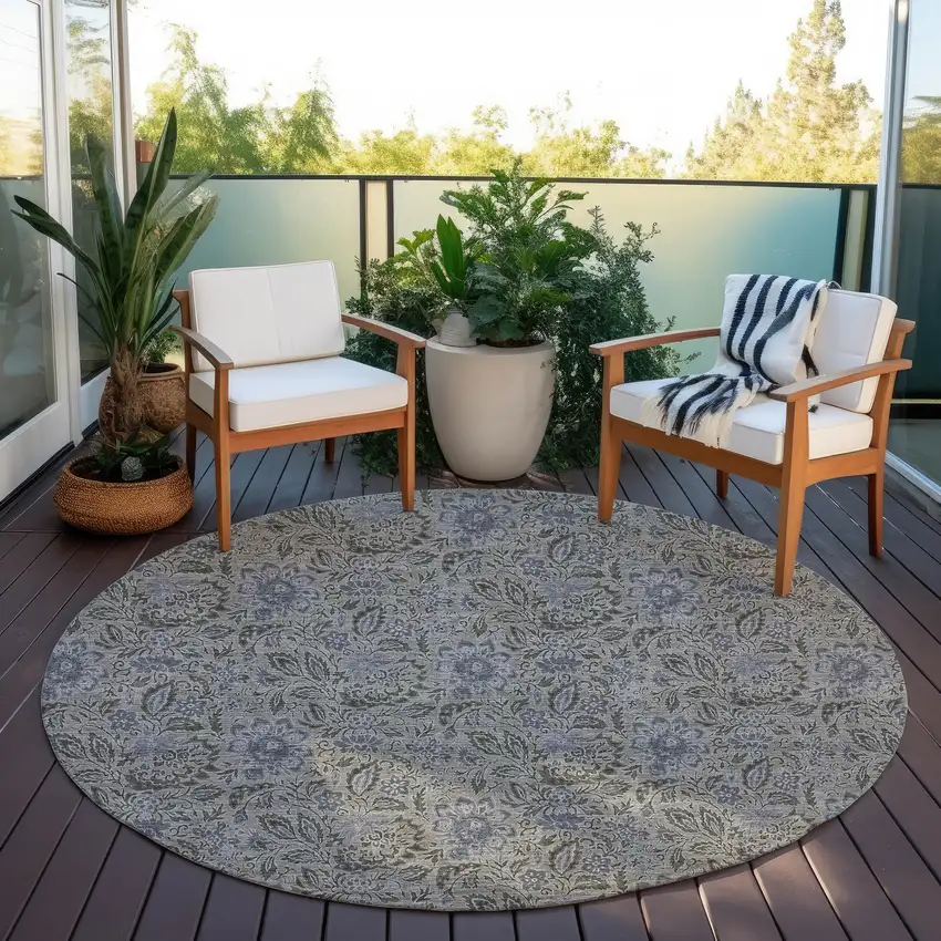 8' Khaki Taupe And Gray Round Floral Washable Indoor Outdoor Area Rug Photo 7