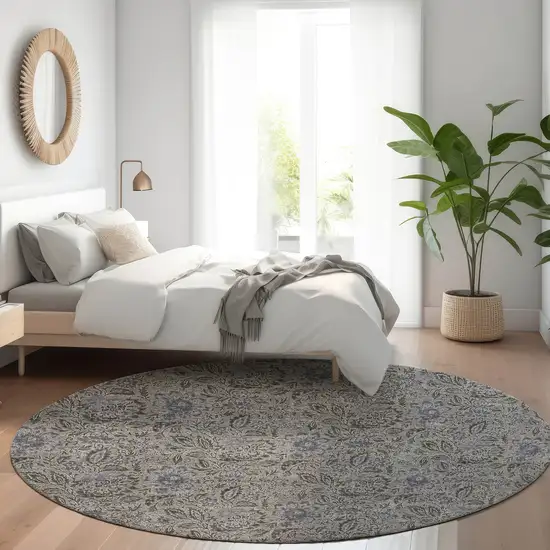 8' Khaki Taupe And Gray Round Floral Washable Indoor Outdoor Area Rug Photo 8