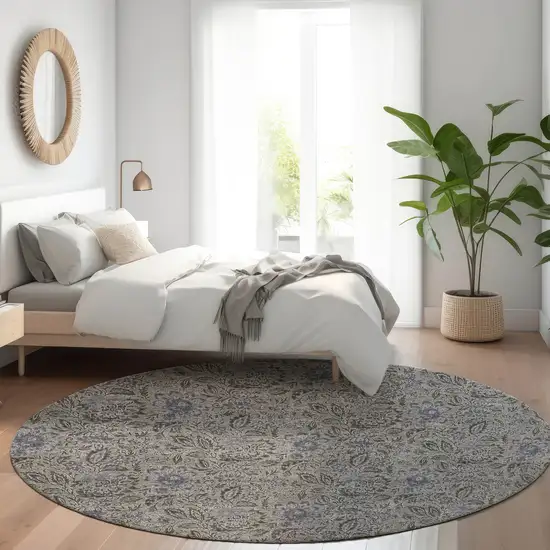 8' Khaki Taupe And Gray Round Floral Washable Indoor Outdoor Area Rug Photo 8