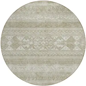 Photo of 8' Khaki Taupe And Ivory Round Southwestern Washable Indoor Outdoor Area Rug