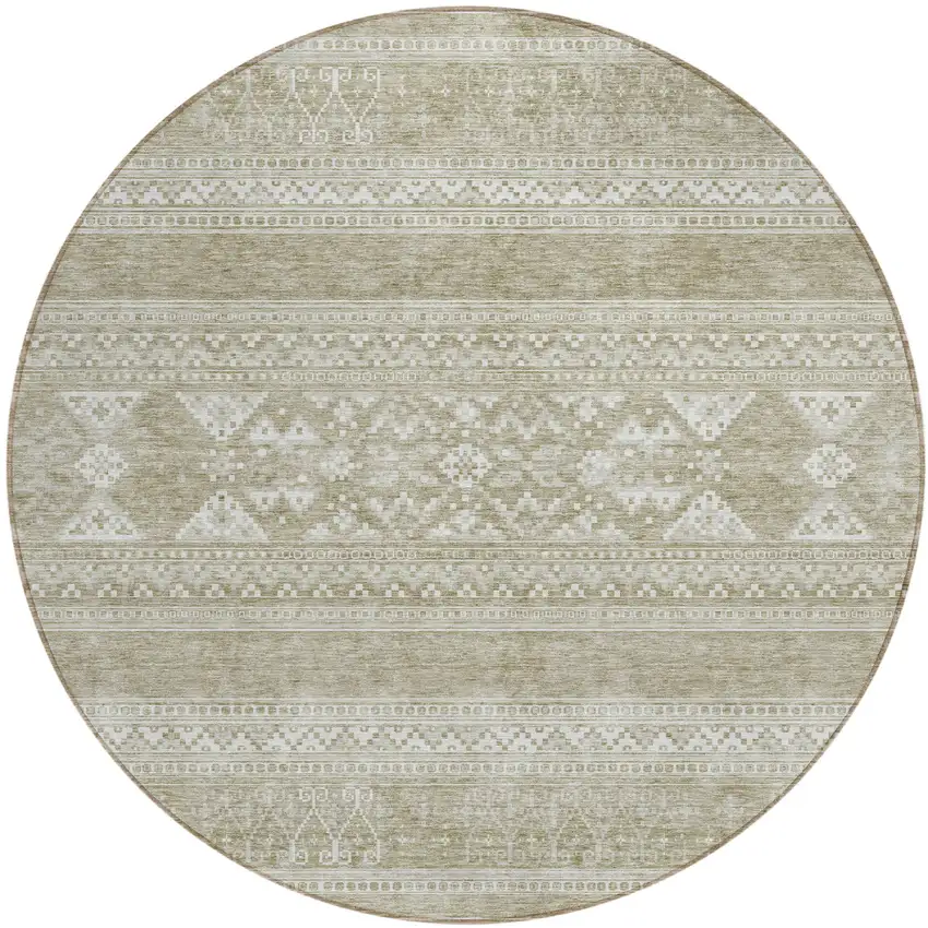 8' Khaki Taupe And Ivory Round Southwestern Washable Indoor Outdoor Area Rug Photo 1