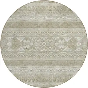 Photo of 8' Khaki Taupe And Ivory Round Southwestern Washable Indoor Outdoor Area Rug