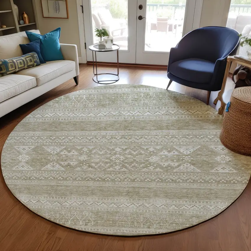 8' Khaki Taupe And Ivory Round Southwestern Washable Indoor Outdoor Area Rug Photo 7