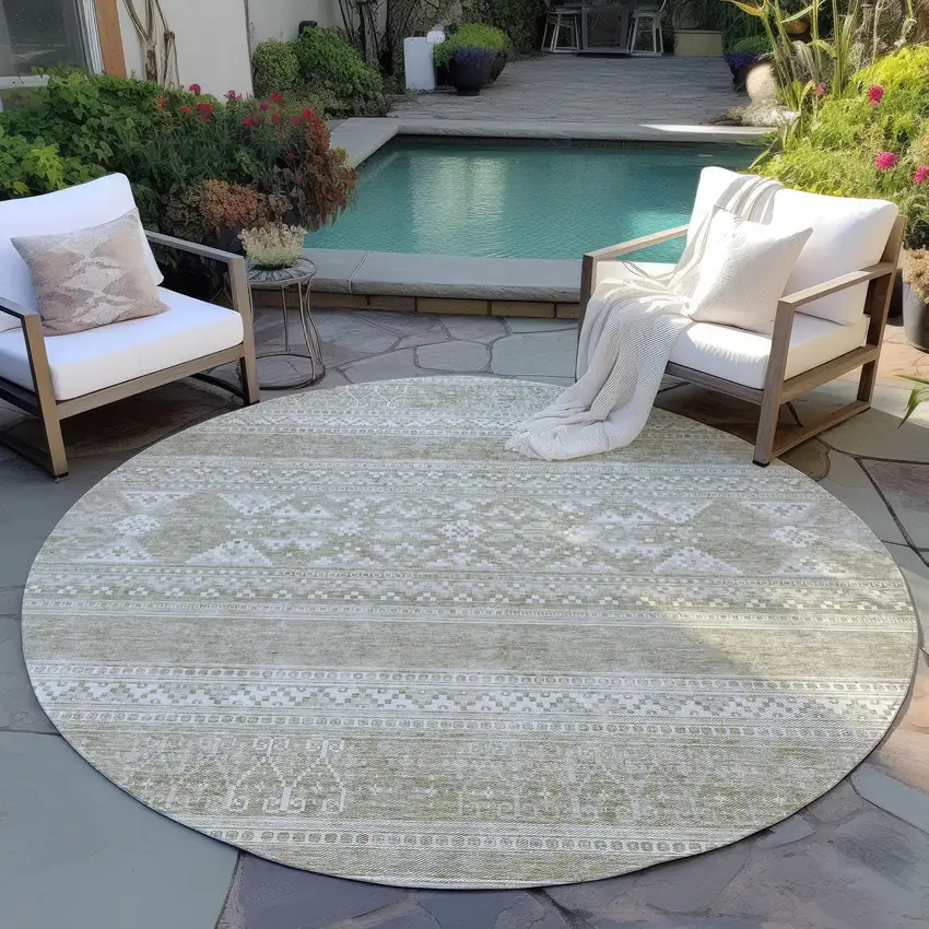 8' Khaki Taupe And Ivory Round Southwestern Washable Indoor Outdoor Area Rug Photo 6