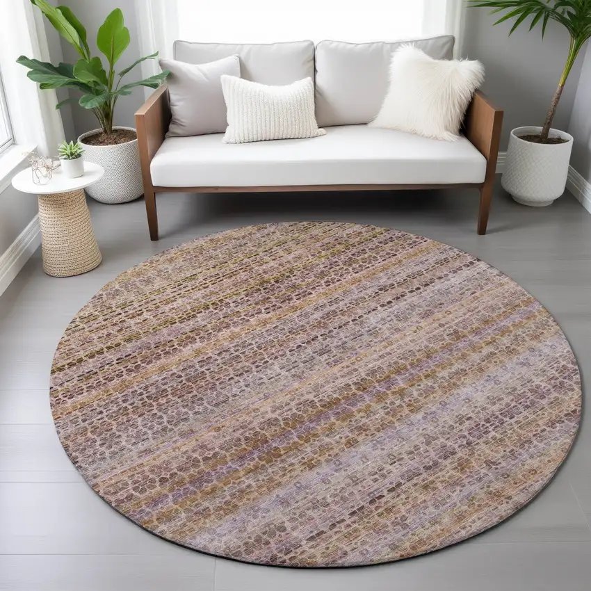 8' Khaki Taupe And Lavender Round Striped Washable Indoor Outdoor Area Rug Photo 7