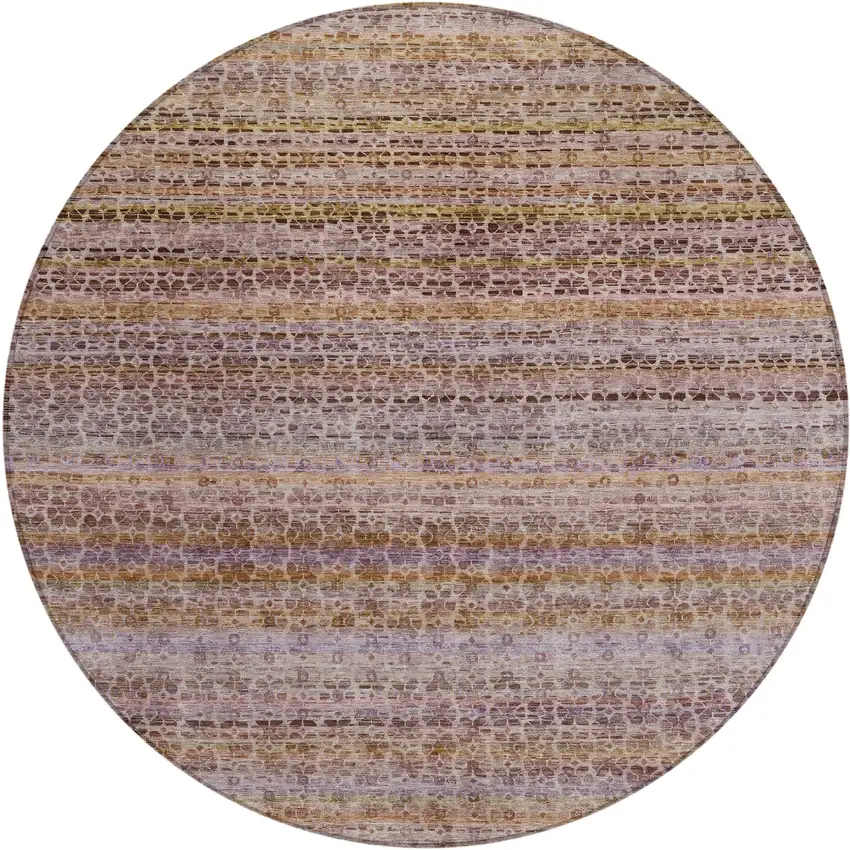 8' Khaki Taupe And Lavender Round Striped Washable Indoor Outdoor Area Rug Photo 1