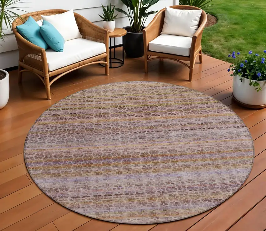 8' Khaki Taupe And Lavender Round Striped Washable Indoor Outdoor Area Rug Photo 2