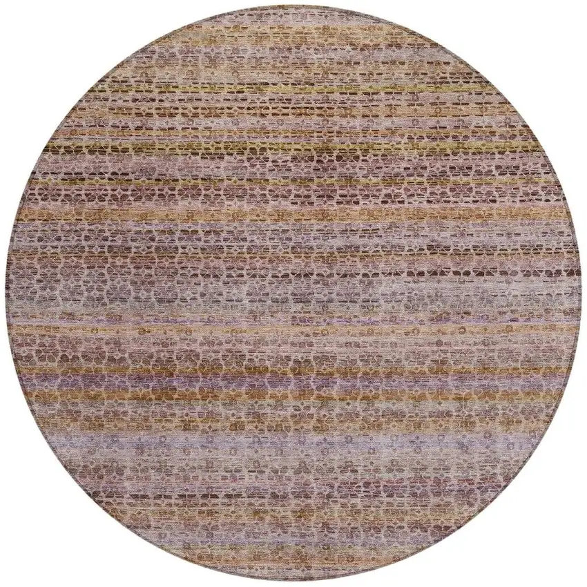 8' Khaki Taupe And Lavender Round Striped Washable Indoor Outdoor Area Rug Photo 3