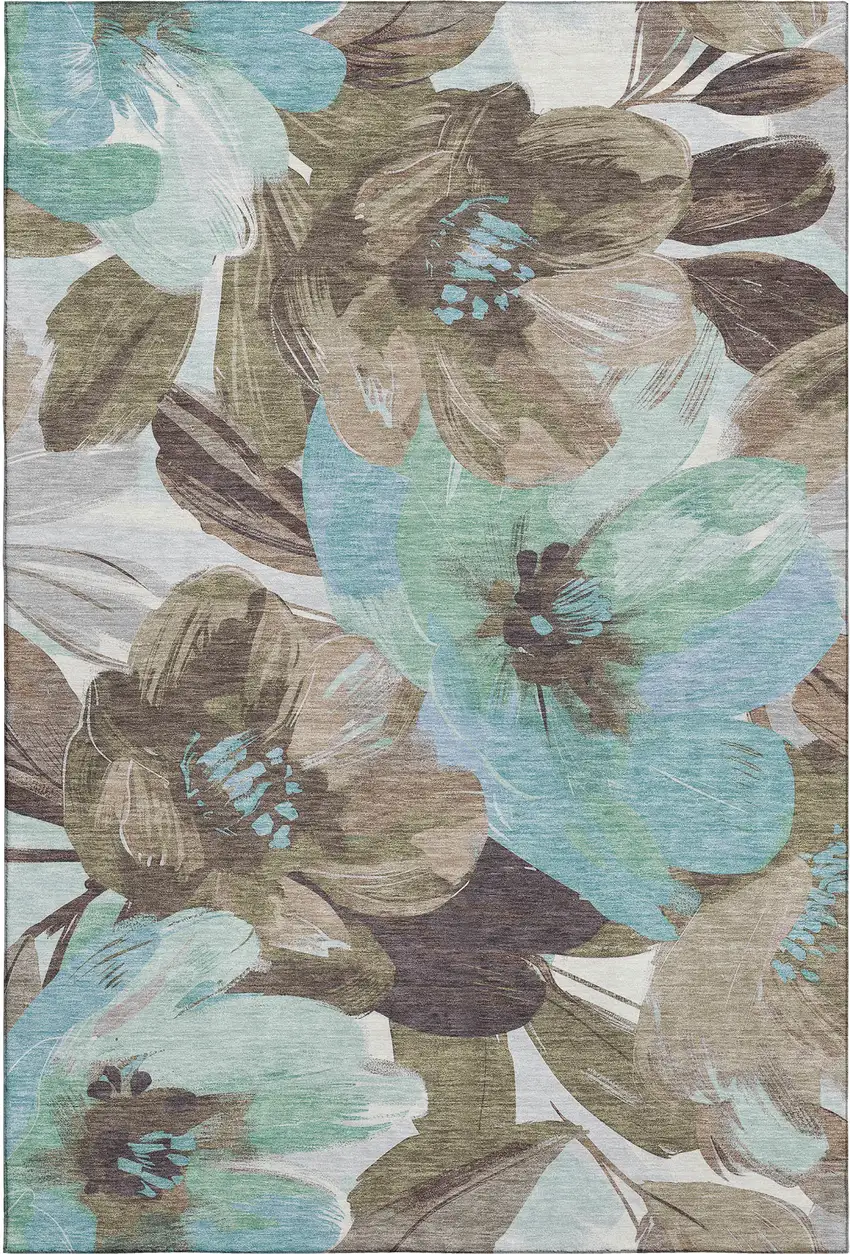 8' Khaki Teal And Green Floral Washable Area Rug With UV Protection Photo 1