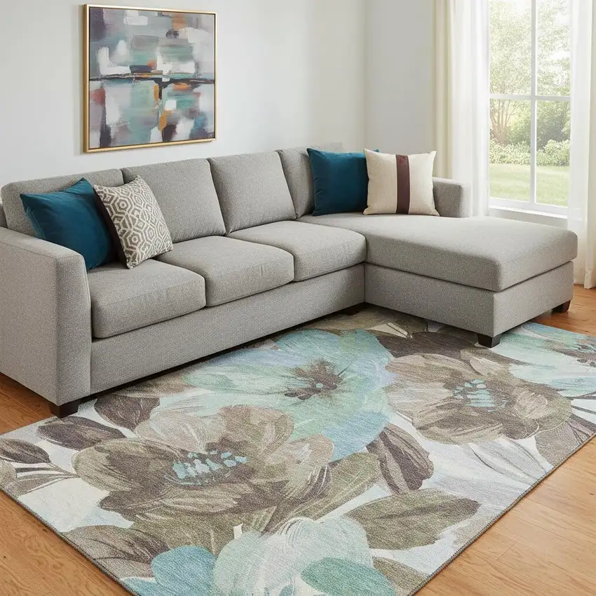 8' Khaki Teal And Green Floral Washable Area Rug With UV Protection Photo 2