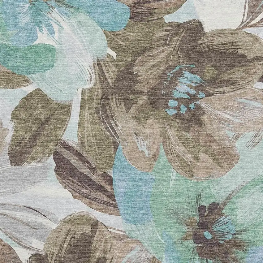 8' Khaki Teal And Green Floral Washable Area Rug With UV Protection Photo 2