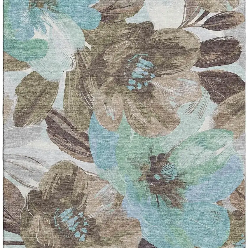 8' Khaki Teal And Green Floral Washable Area Rug With UV Protection Photo 3