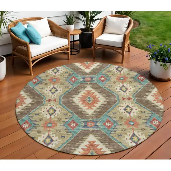 8' Khaki Teal Blue And Copper Round Moroccan Washable Indoor Outdoor Area Rug Photo 2