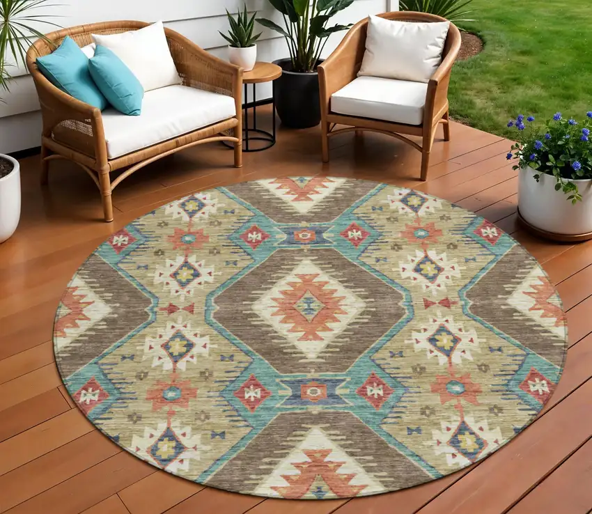 8' Khaki Teal Blue And Copper Round Moroccan Washable Indoor Outdoor Area Rug Photo 2