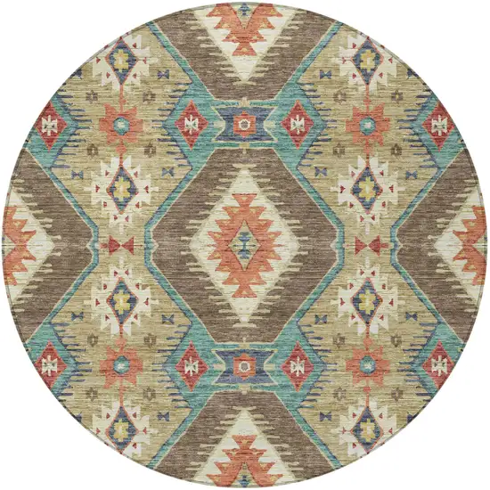 8' Khaki Teal Blue And Copper Round Moroccan Washable Indoor Outdoor Area Rug Photo 4