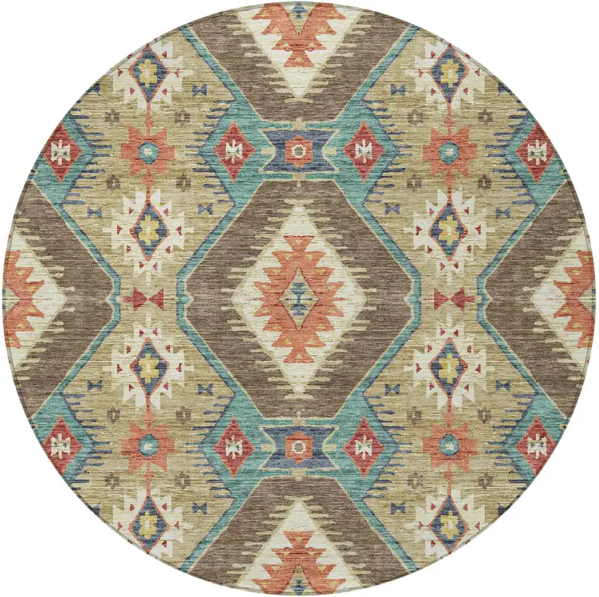 8' Khaki Teal Blue And Copper Round Moroccan Washable Indoor Outdoor Area Rug Photo 4