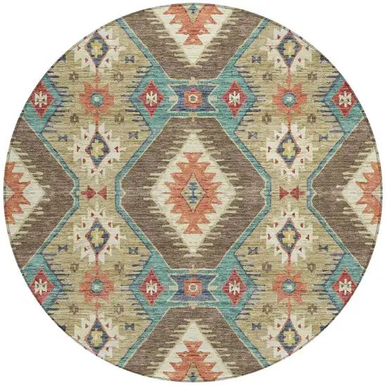 8' Khaki Teal Blue And Copper Round Moroccan Washable Indoor Outdoor Area Rug Photo 3