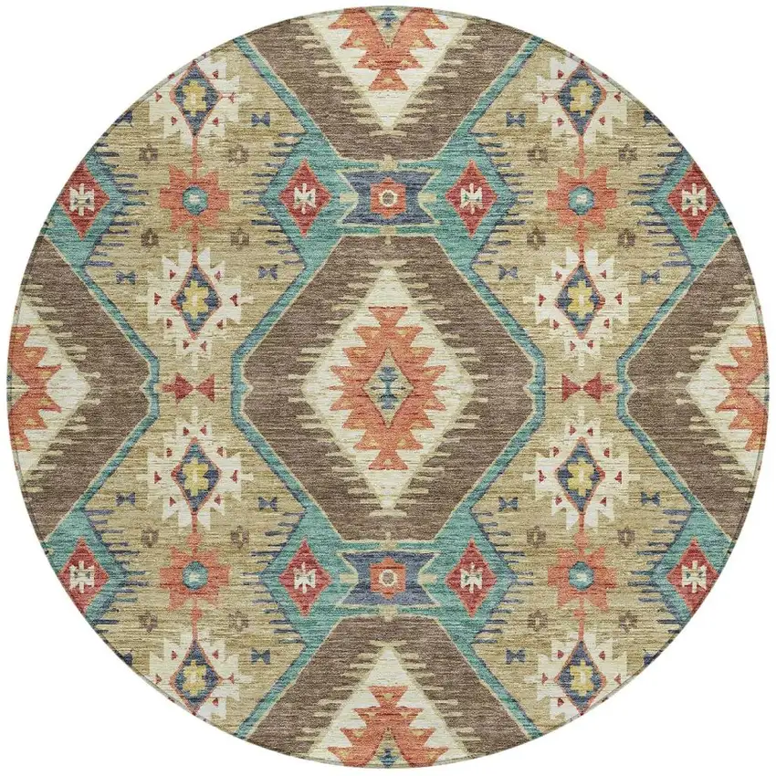 8' Khaki Teal Blue And Copper Round Moroccan Washable Indoor Outdoor Area Rug Photo 3