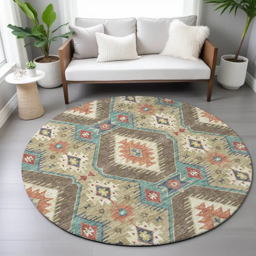 8' Khaki Teal Blue And Copper Round Moroccan Washable Indoor Outdoor Area Rug Photo 9