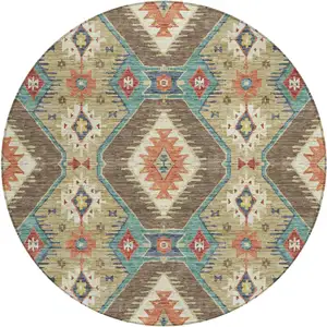 Photo of 8' Khaki Teal Blue And Copper Round Moroccan Washable Indoor Outdoor Area Rug